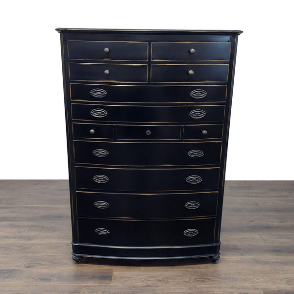 Black Reperch dresser with a distressed finish, eleven drawers, and vintage style shown from the front.