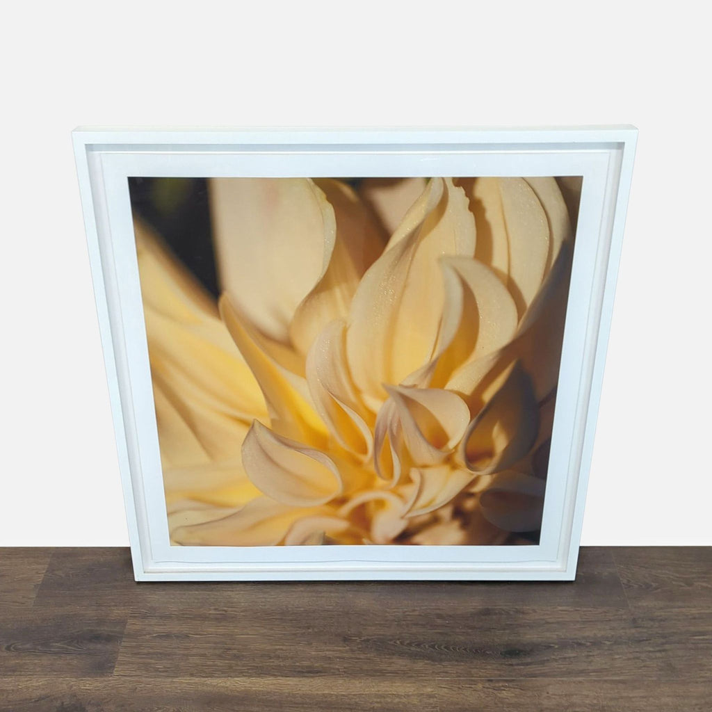 2. Reperch brand art print of a soft yellow flower, displayed in a modern white frame on a wood floor.