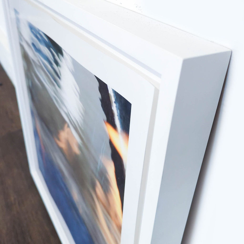 3. Close-up corner view of Reperch framed abstract print, white border, glass front, in Prints & Maps.