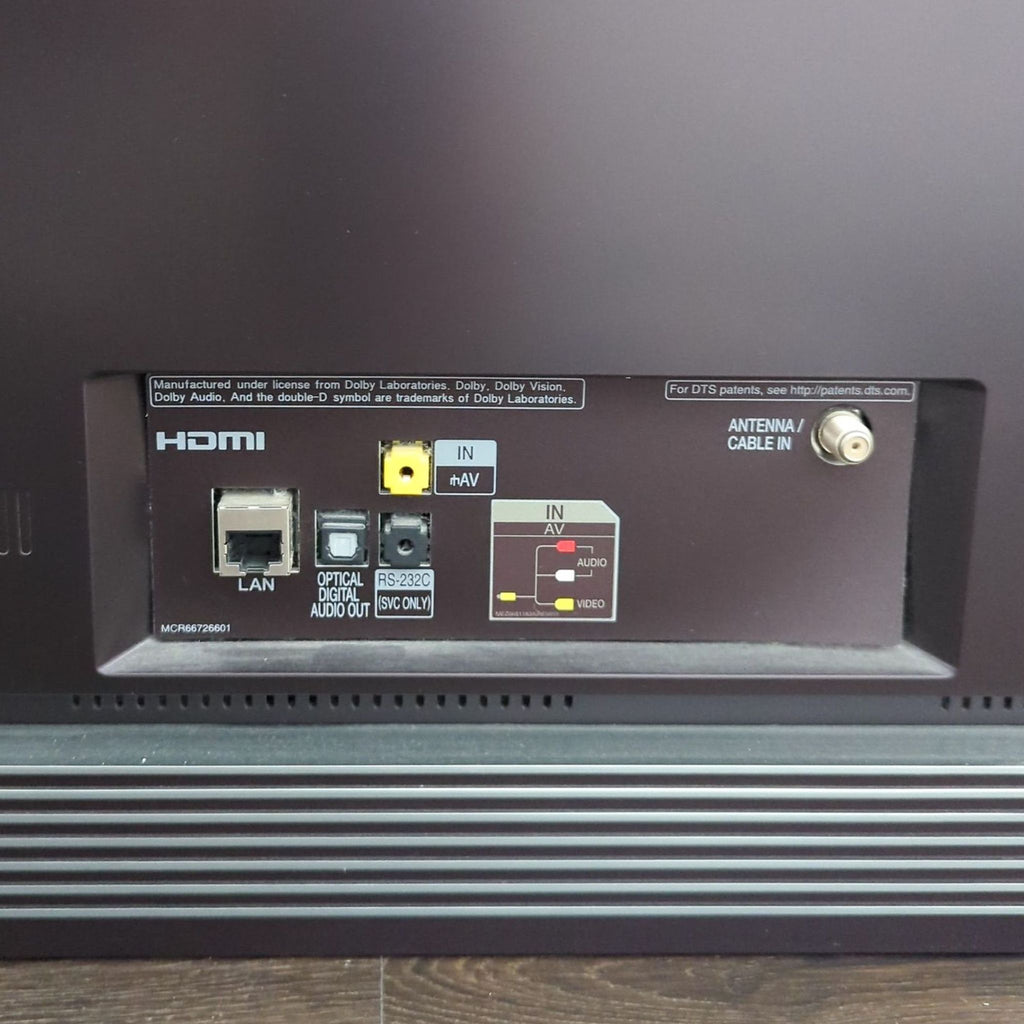 3. Close-up of LG OLED TV's rear ports, showing HDMI, LAN, AV, optical audio, and antenna/cable connections.