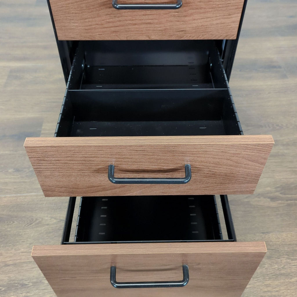 1. Three-drawer Poppin cabinet with walnut drawer fronts and black interior, shown with open drawers.