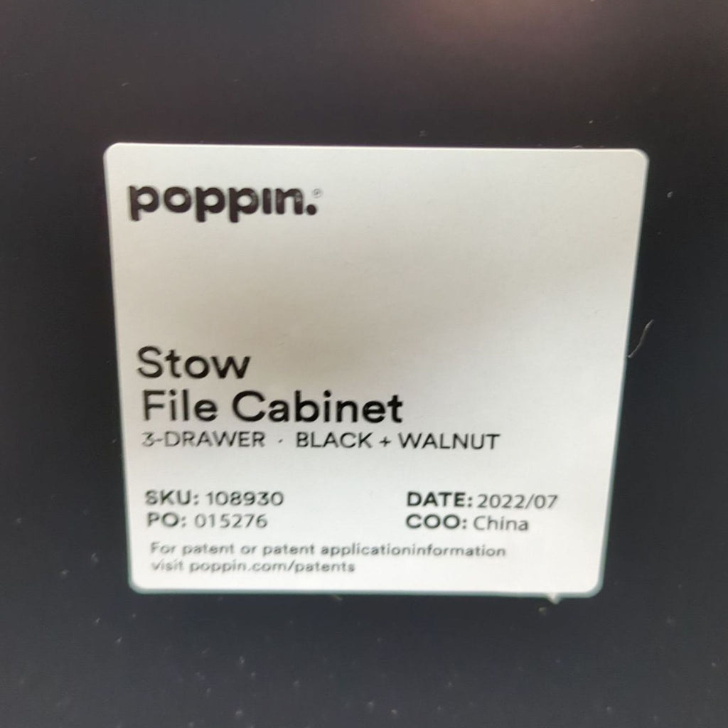 2. Product label for Poppin Stow File Cabinet, 3-drawer, black and walnut, made in China.