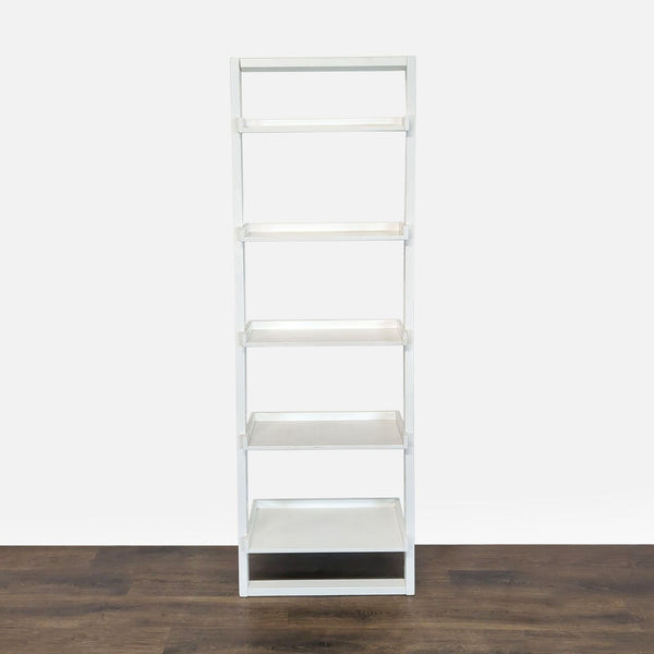 1. Reperch white ladder-style bookshelf with five spacious tiers stands on a wooden floor.  