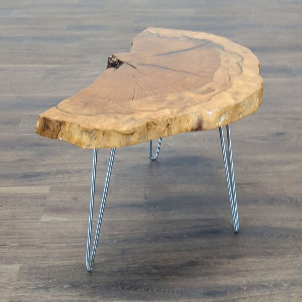 2. Reperch side table with a live edge wooden top and sleek metal hairpin legs, viewed from the side.