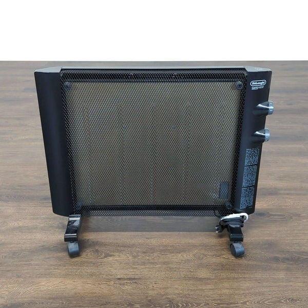 Front view of a slim DeLonghi panel heater on wheels, featuring adjustable knobs for efficient room heating.