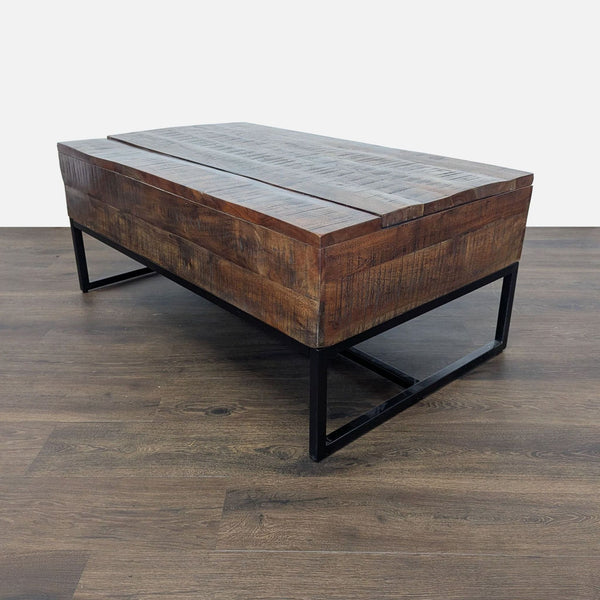 1. Rectangular coffee table with a rustic wood top and black metal base, by Signature Design by Ashley.