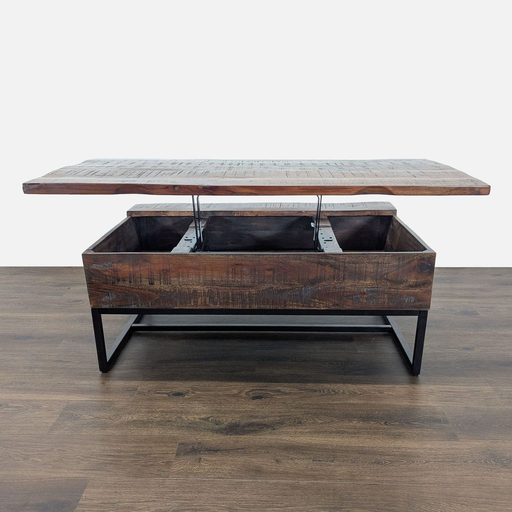 2. Coffee table with hinged lift-top storage, wood finish, and sturdy metal base from Signature Design by Ashley.