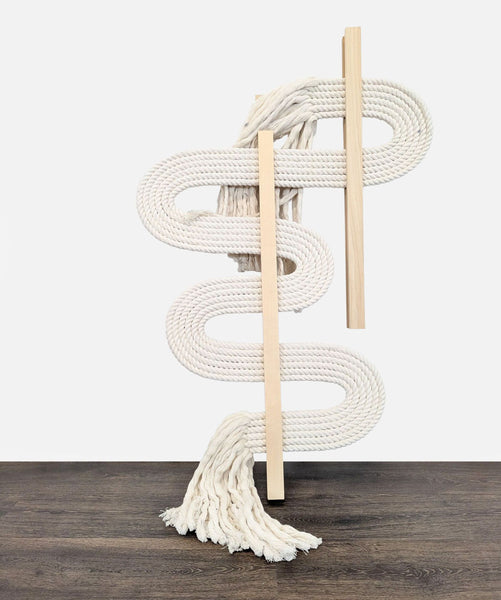 1. Wavy abstract fiber art piece with hand-frayed cotton fringe, mounted on a wood backer with vertical supports.