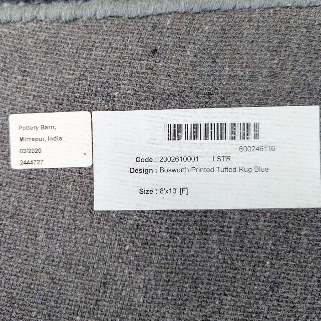 2. Pottery Barn Bosworth tufted rug label with size 8'x10', made in Mirzapur, India.