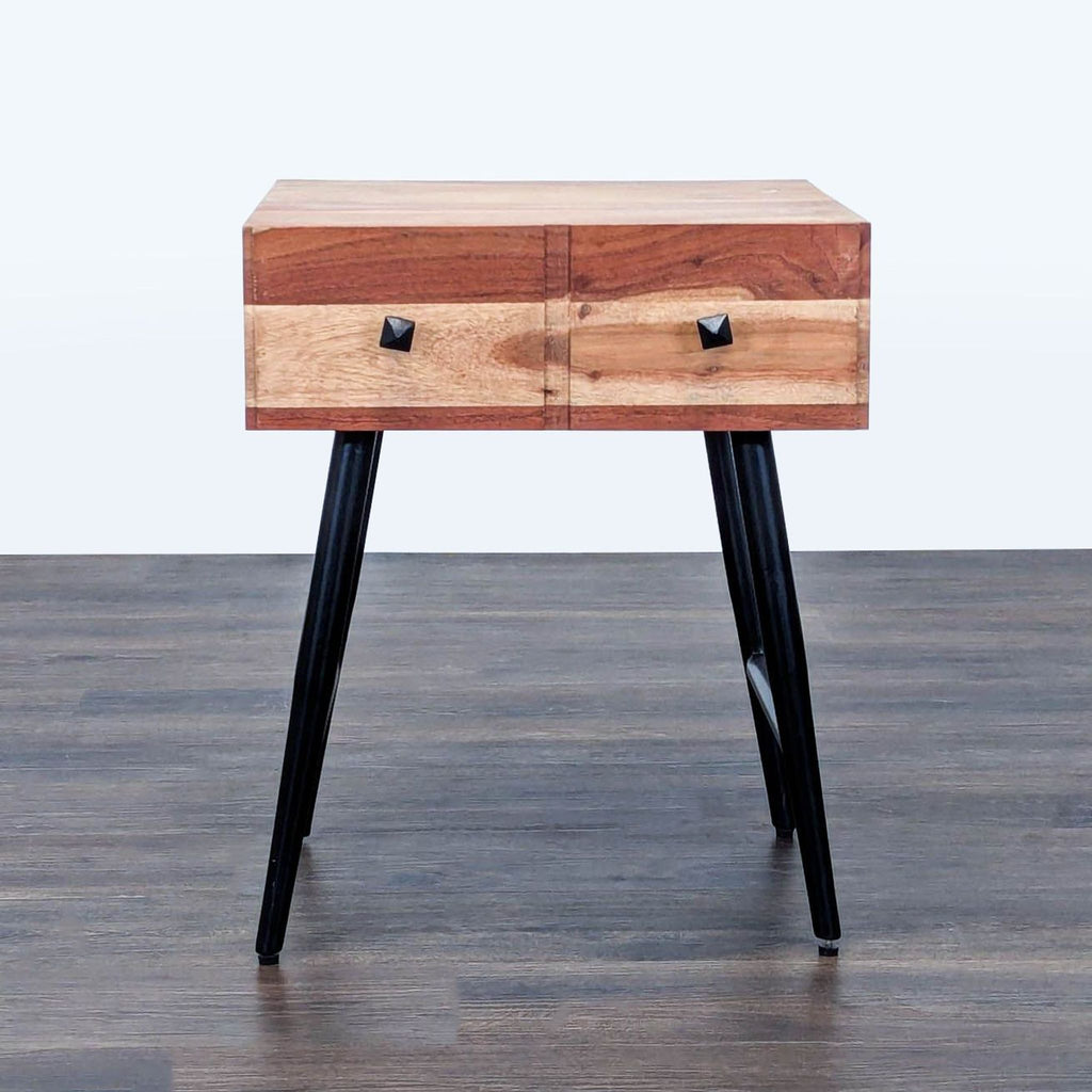 1. Reperch End Table with two-tone wood, two drawers, and black angled metal legs, front view.  