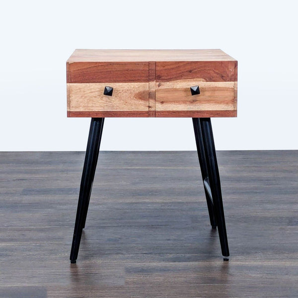 1. Reperch End Table with two-tone wood, two drawers, and black angled metal legs, front view.  