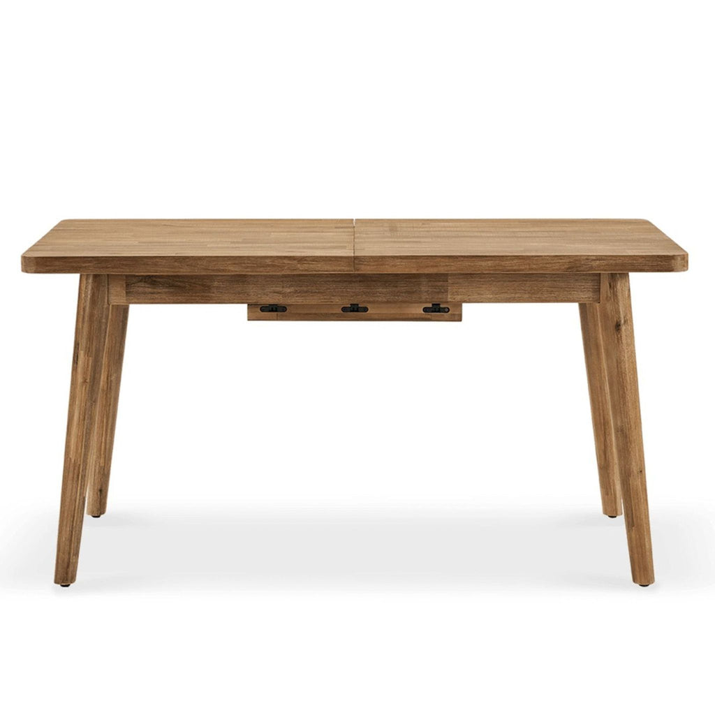 1. Castlery dining table in solid acacia wood, split tabletop, muted honey tone, seats 4-6, front view.  