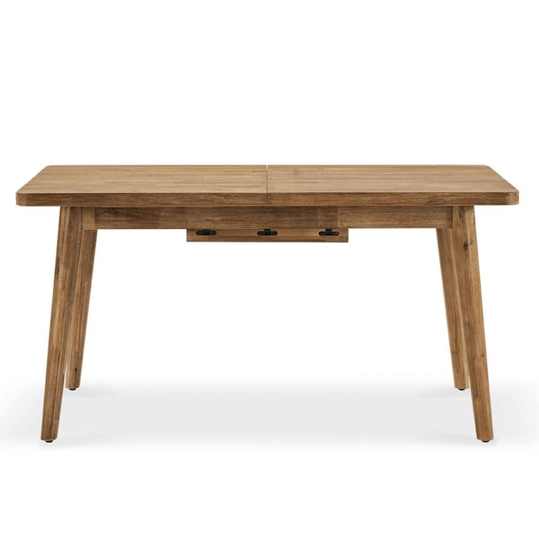 1. Castlery dining table in solid acacia wood, split tabletop, muted honey tone, seats 4-6, front view.  