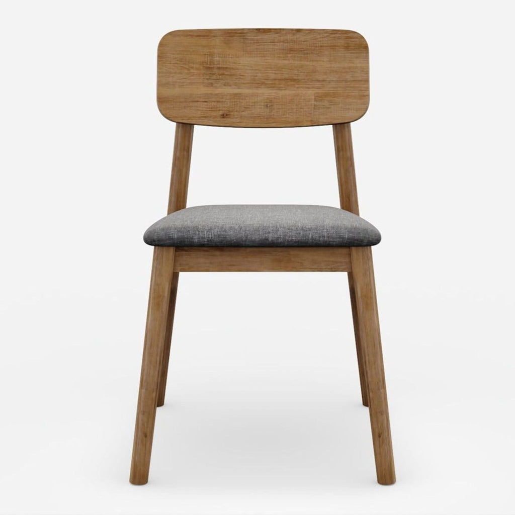 1. Front view of Castelry dining chair in solid acacia wood with a grey padded fabric seat.