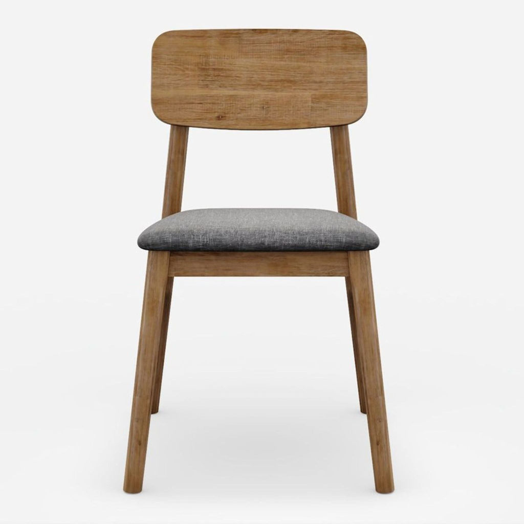 Solid acacia wood stool with a cushioned seat in light performance fabric, shown at an angle.  