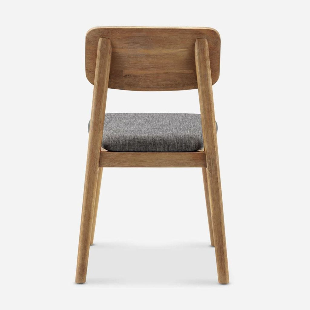Close-up view of padded upholstered seat atop solid acacia wood frame.  