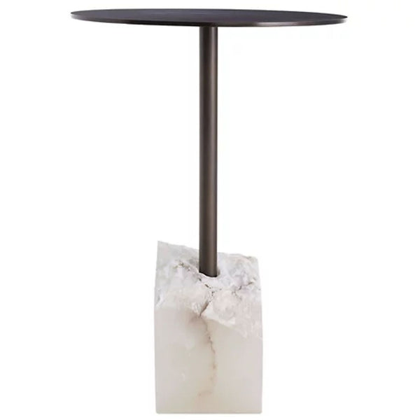 1. Side table by Arteriors Home with a veined alabaster base and slender metal column supporting a round top.  
