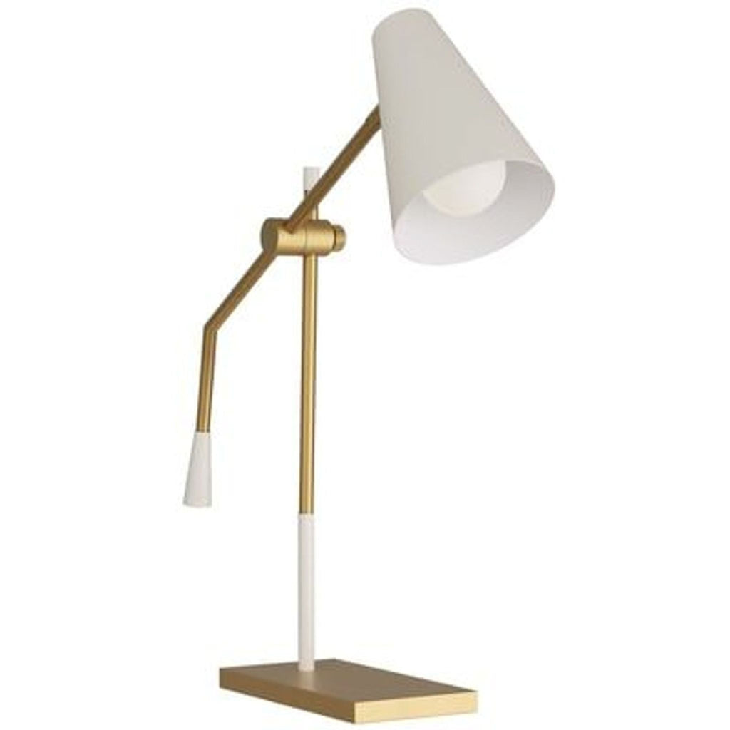 1. Modern Arteriors Home table lamp in brass with white accents, cone shade, and adjustable arm for focused lighting.