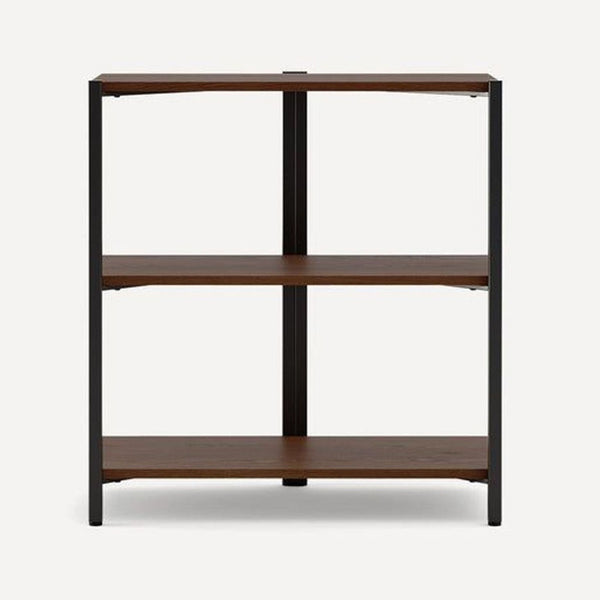 Front view of a Burrow bookshelf with three dark wood shelves and a black metal frame, modern and simple design.  