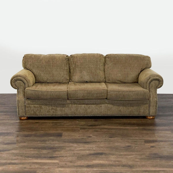 1. Flexsteel 3-seat sofa with textured brown corduroy upholstery and rolled arms, shown from the front.
