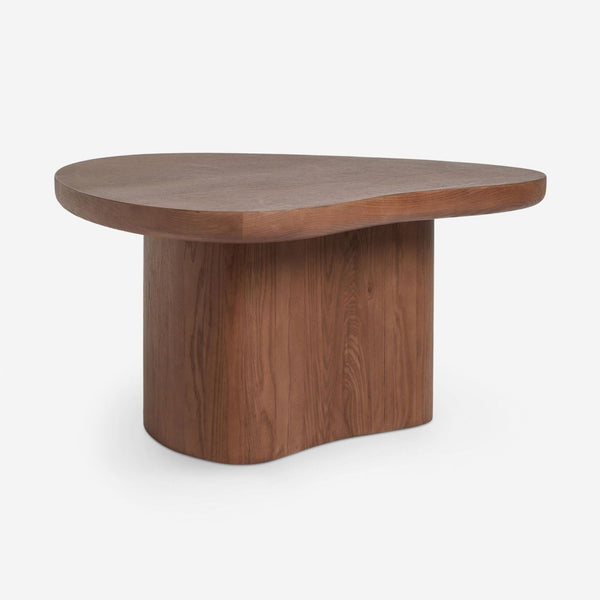 Red oak coffee table by Lulu and Georgia, designed by Aimee Song, with curved top and sturdy base.