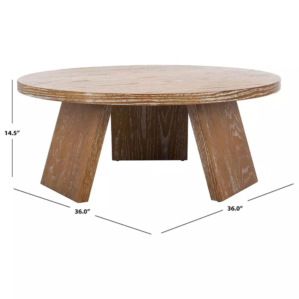 2. Safavieh round coffee table with angled wood legs, dimensions 36" x 36" x 14.5" displayed.