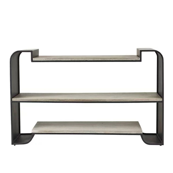 1. Modern Arteriors Home bookshelf with three light wood shelves and a black metal frame, perfect for storage.