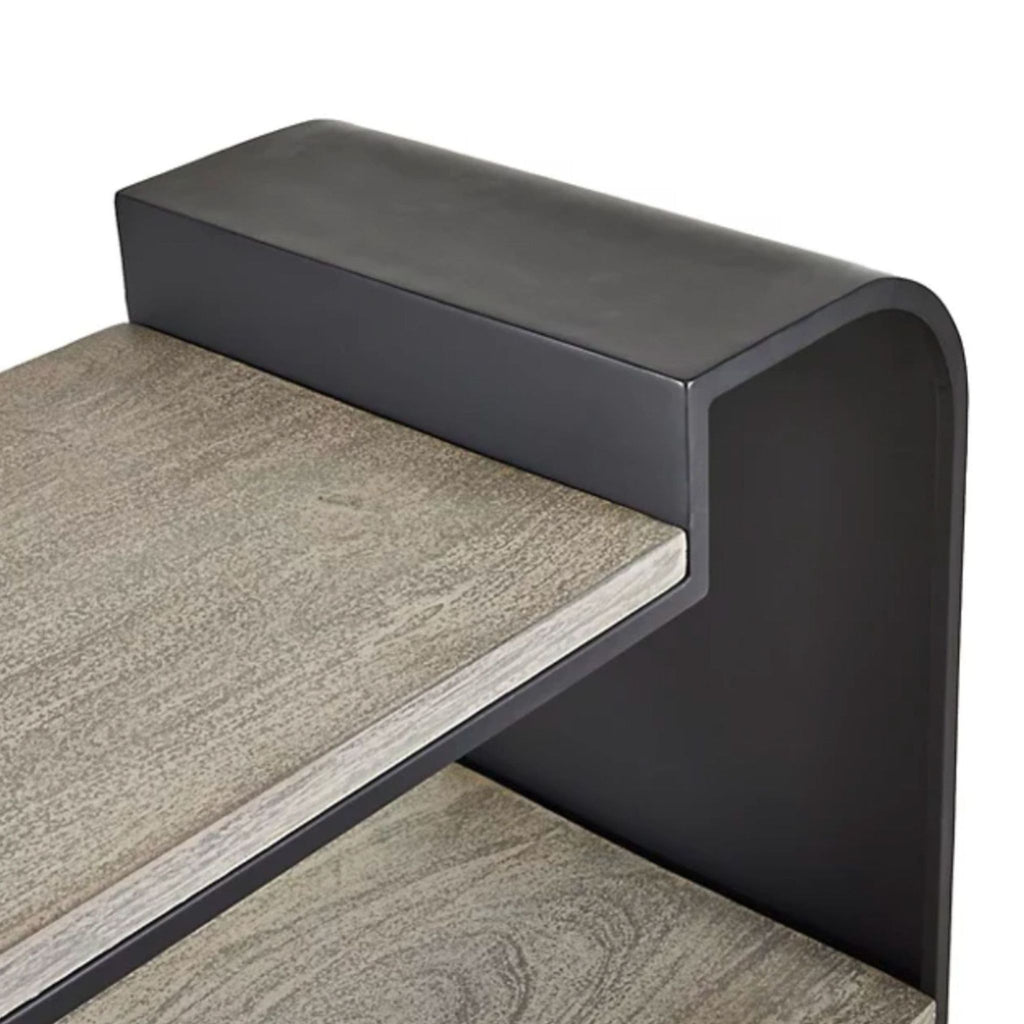 Contemporary three-shelf unit by Arteriors Home blends light wood and black metal for stylish, sturdy storage.