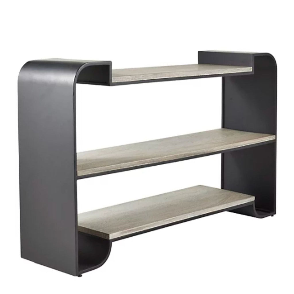 2. Modern Arteriors Home bookshelf, metal frame with three spacious wooden shelves, ideal for books or decor items.