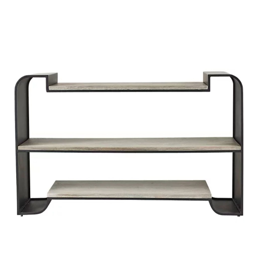 1. Arteriors Home bookshelf with three wood shelves and a sturdy black metal frame, featuring a modern open design.