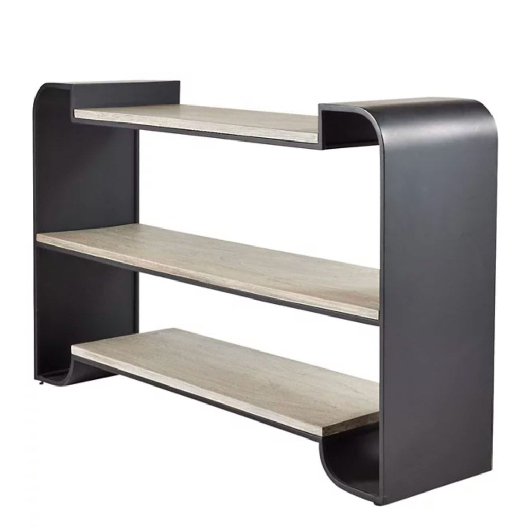 3. Contemporary three-shelf Arteriors Home bookshelf in wood and metal, perfect for storage in any room.