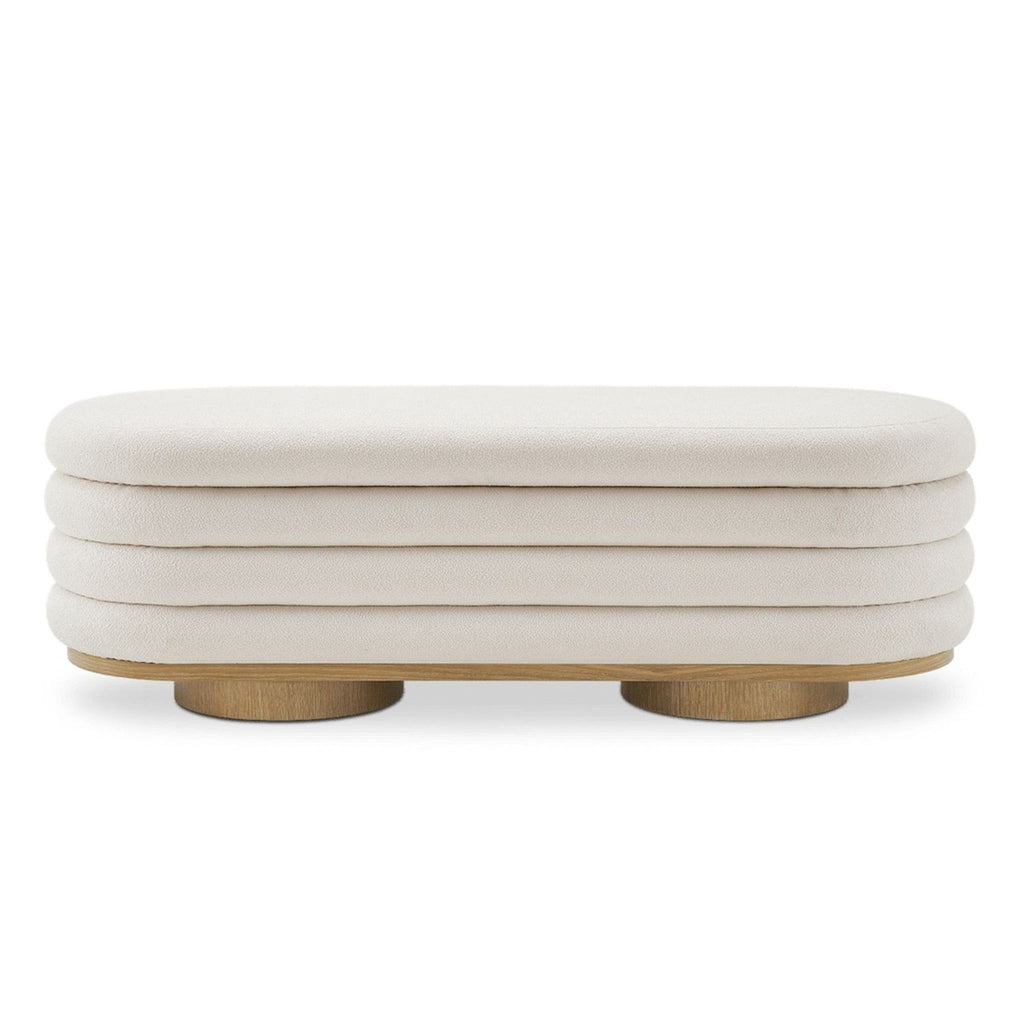 1. Channel-tufted boucle bench ottoman by Castlery with rounded edges and wooden base, front view.