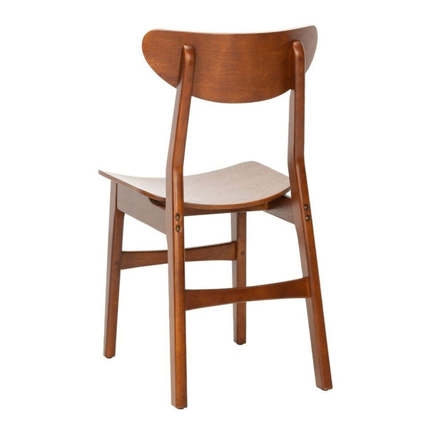 - Safavieh dining chair in wood finish, shown from the back highlighting its curved backrest and sleek frame.