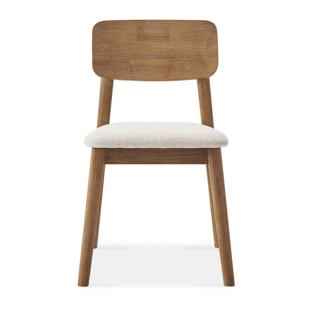 1. Castlery dining chair with solid acacia wood frame and padded performance fabric seat, front view.  