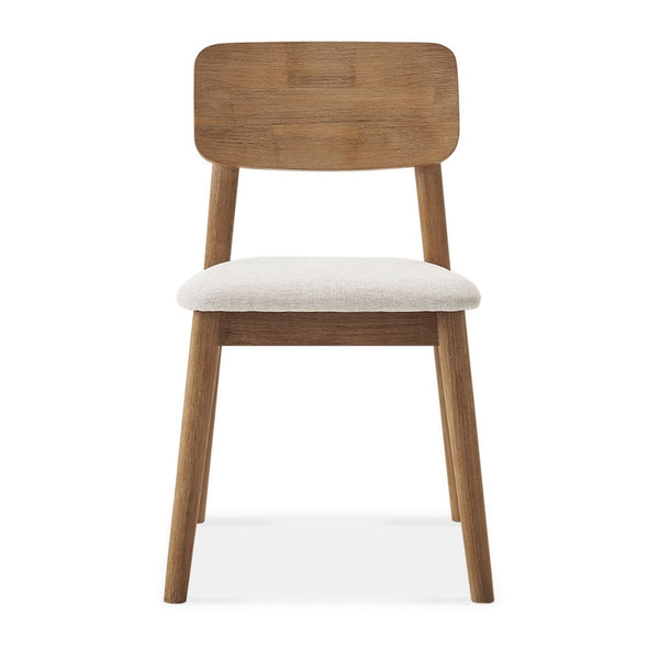 Front view of a Castlery dining chair in solid acacia wood with a padded upholstered performance fabric seat.  
