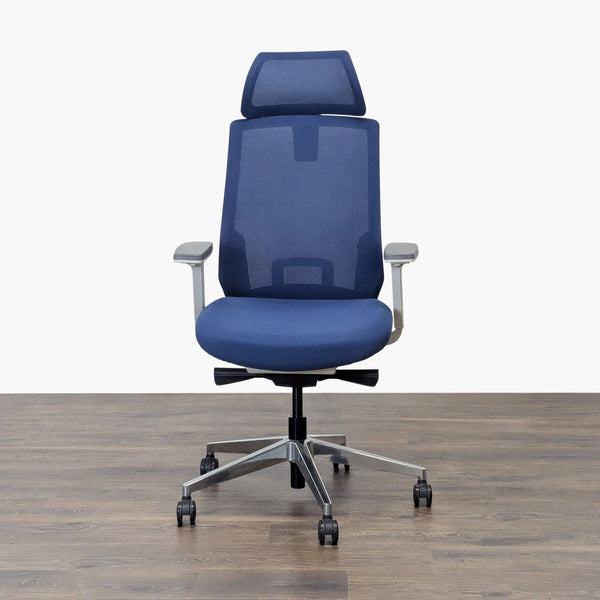 Front view of Uplift ergonomic office chair with blue mesh back, padded seat, and adjustable headrest.  