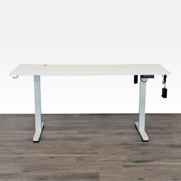 1. Modern Hengjian Home Furnishings desk with electric height adjustment, spacious tabletop, and built-in organization hooks.  