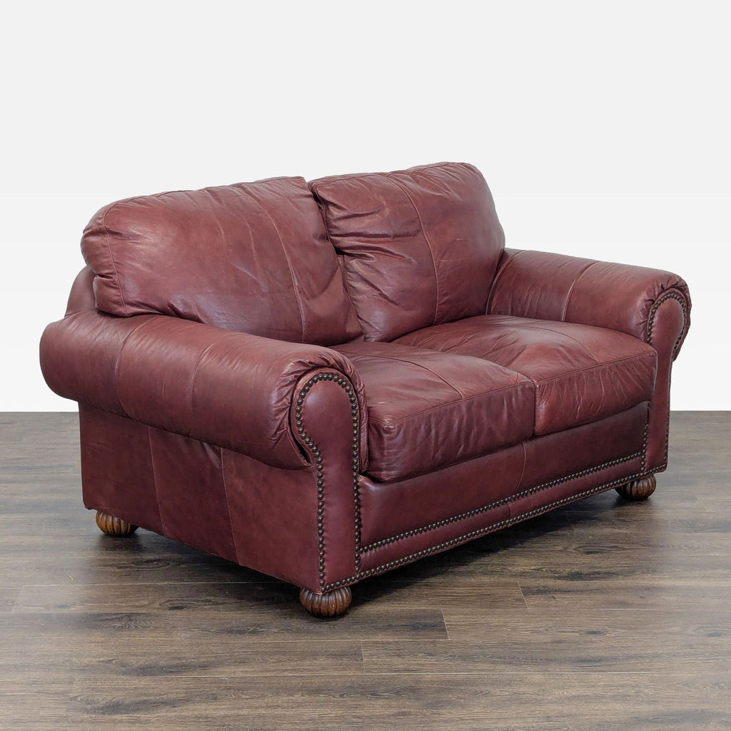 Viewpoint Leather Works Classic Leather Loveseat with Rolled Arms and Stud Accents