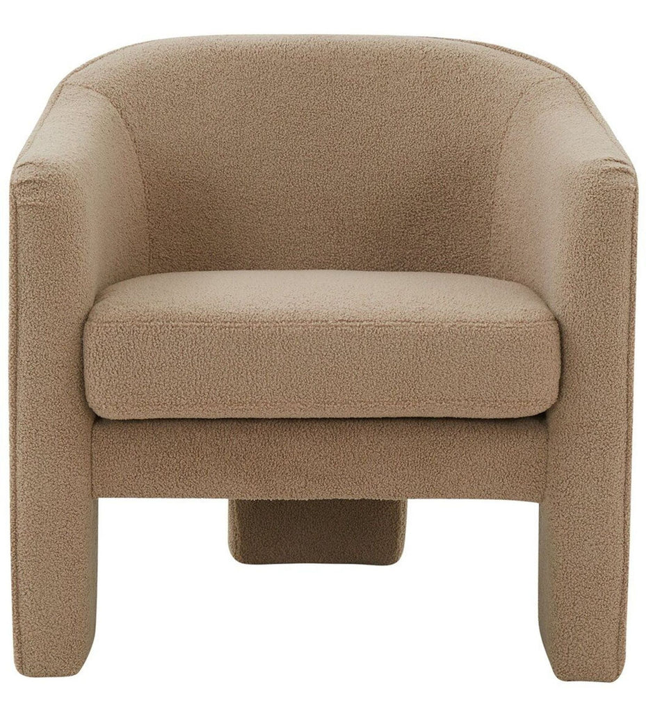 Front view of a Safavieh lounge chair with soft beige upholstery, wide cushioned seat, and modern design.