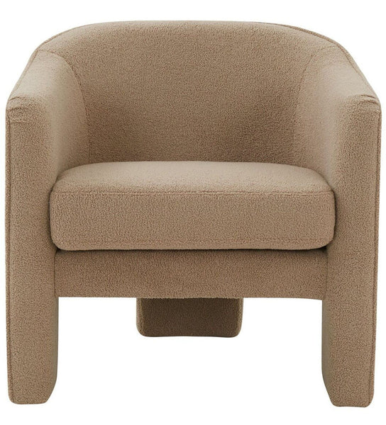 Front view of a Safavieh lounge chair with soft beige upholstery, wide cushioned seat, and modern design.
