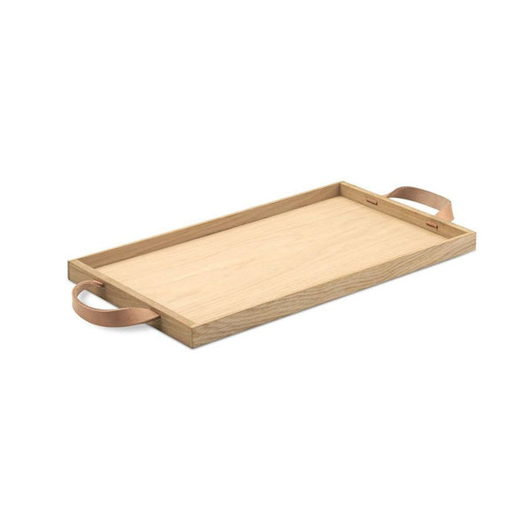 Rectangular Fritz Hansen wooden tray with minimalist design and sturdy leather handles for easy serving or organizing.  