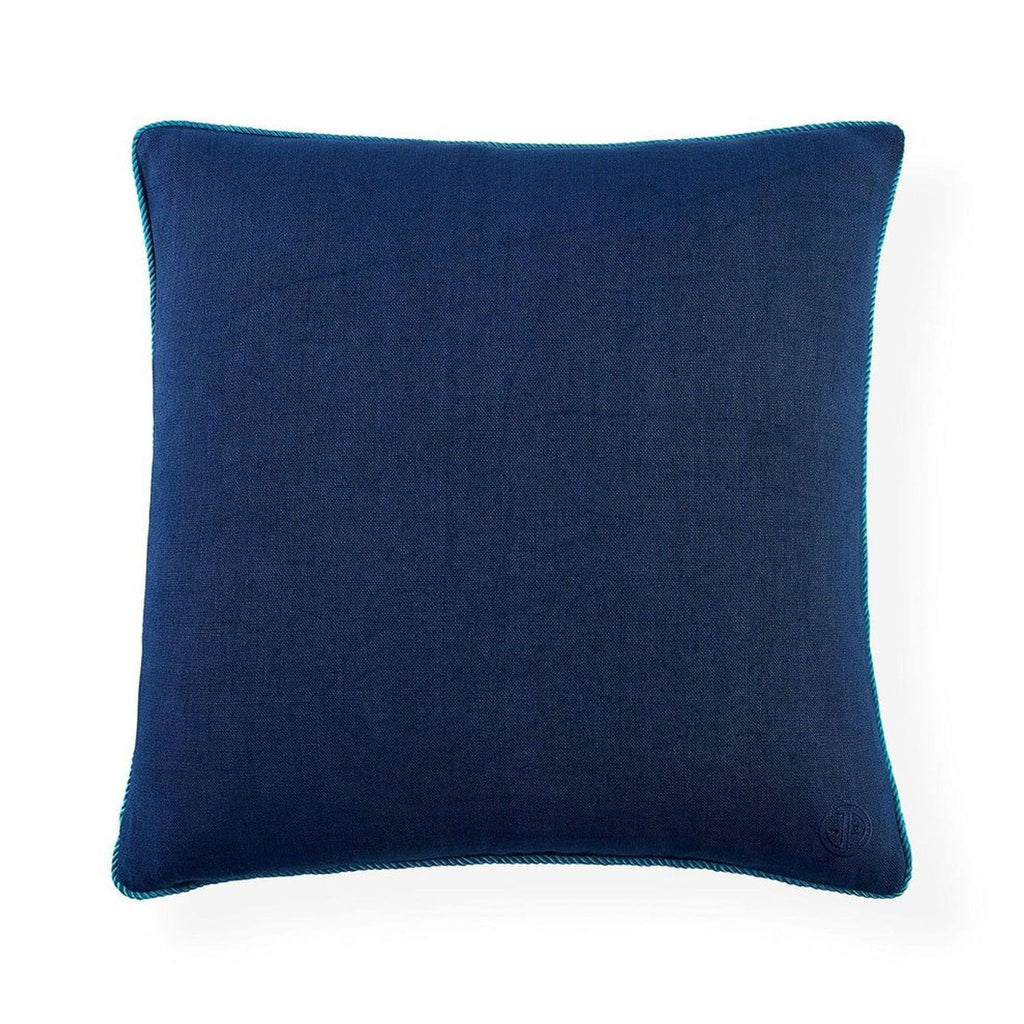 Back view: Plain navy linen pillow by Jonathan Adler, featuring subtle corded edge detail and minimal branding.