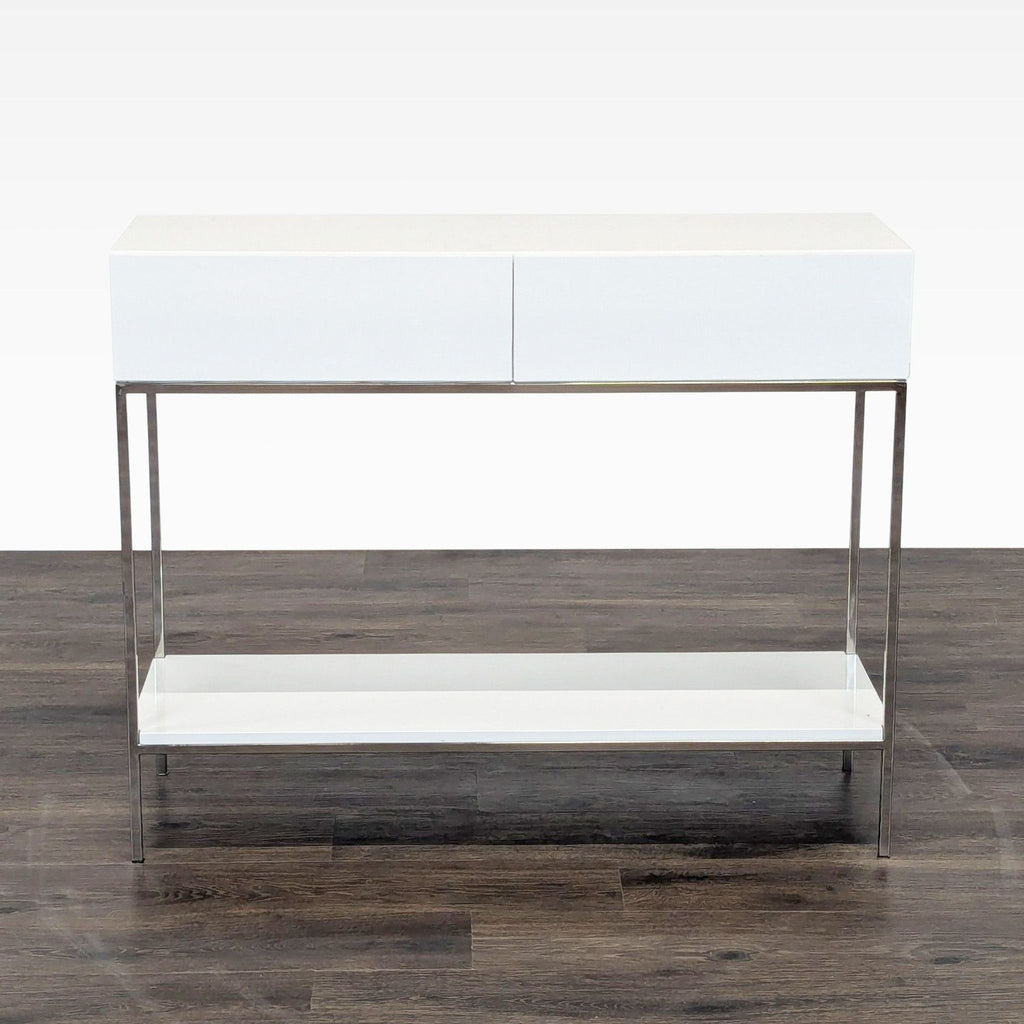 1. Reperch Metal Frame side and console table, white with chrome legs, two drawers, and a lower shelf, front view.