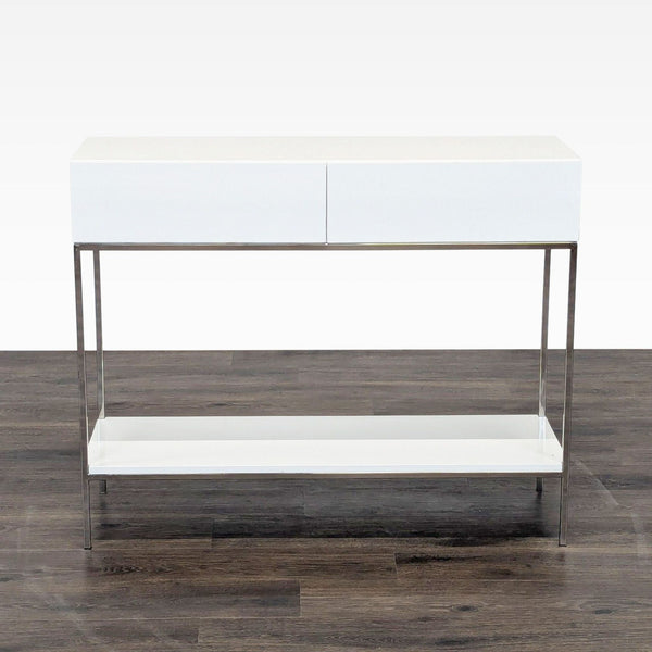1. Reperch Metal Frame side and console table, white with chrome legs, two drawers, and a lower shelf, front view.