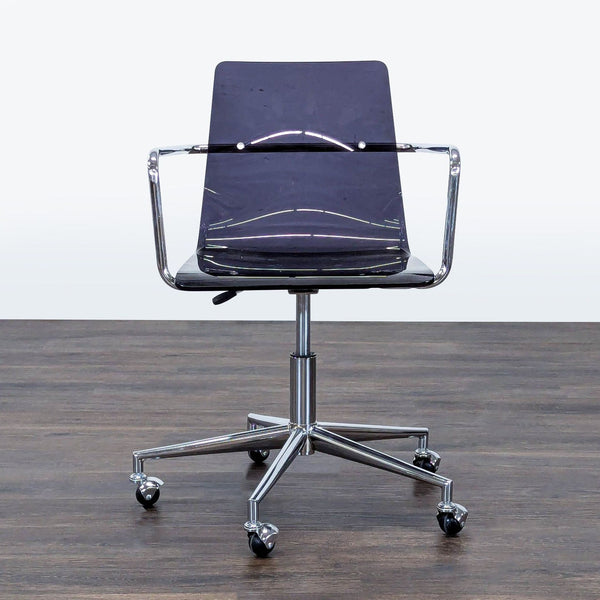 1. Reperch clear acrylic office chair with chrome armrests and rolling base, modern design for workspace comfort.  
