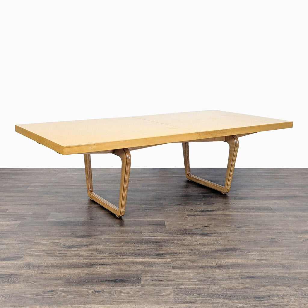 Matteo Grassi–attributed dining set: rectangular wood table, six looped-leg bentwood chairs with striped upholstery.
