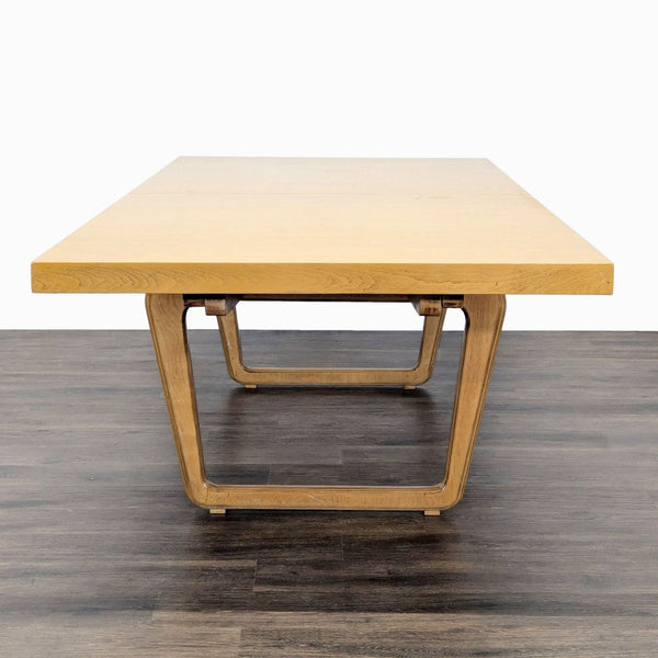 Large rectangular dining table with leaf, wood construction, modern base, part of Reperch dining set.