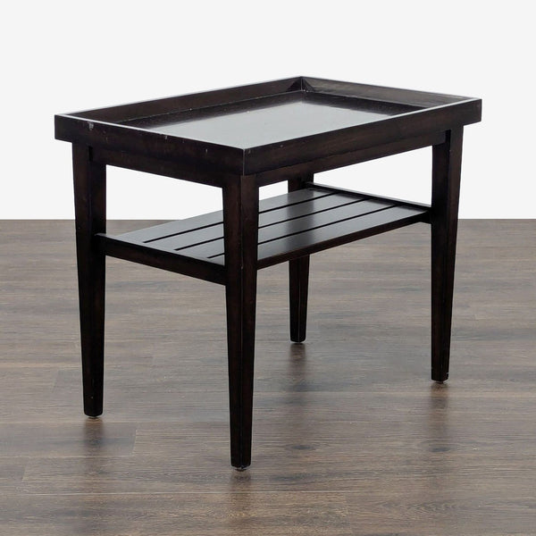 1. Reperch end table with dark wood finish, tray-style top, and lower slatted shelf, shown on wooden floor.  