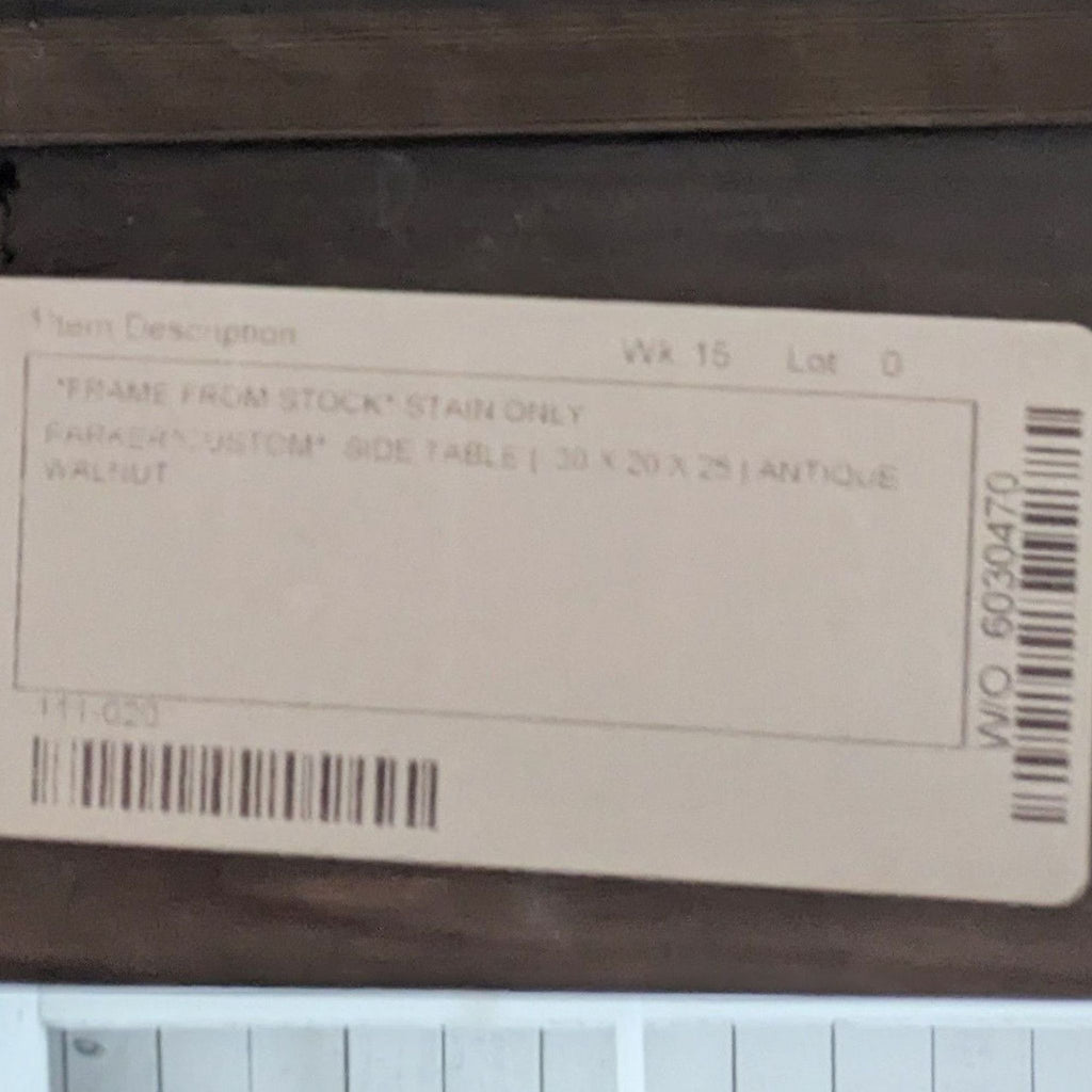 3. Product label for the Reperch end table, displaying dimensions and finish details as "antique walnut."