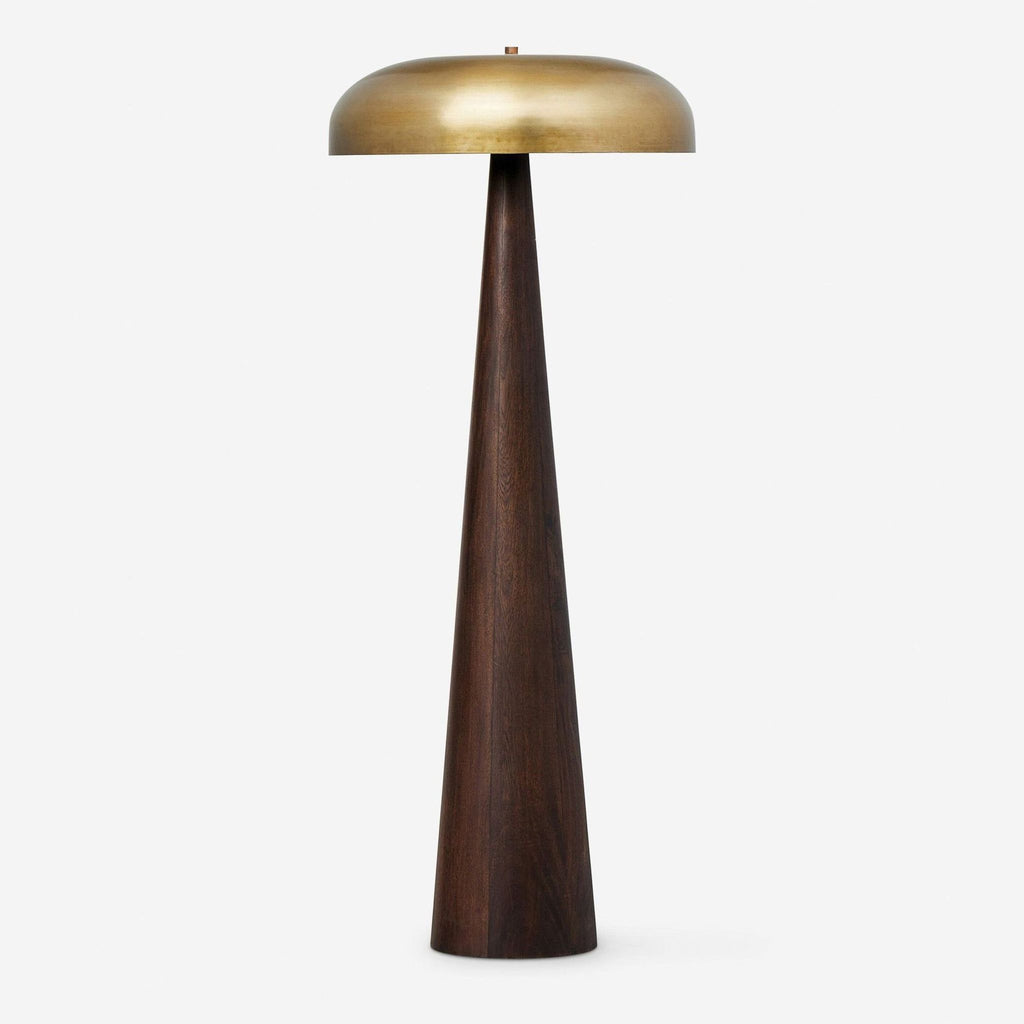 2. Full view of a Lulu and Georgia table lamp with a brass dome shade and tall, tapered wood base.